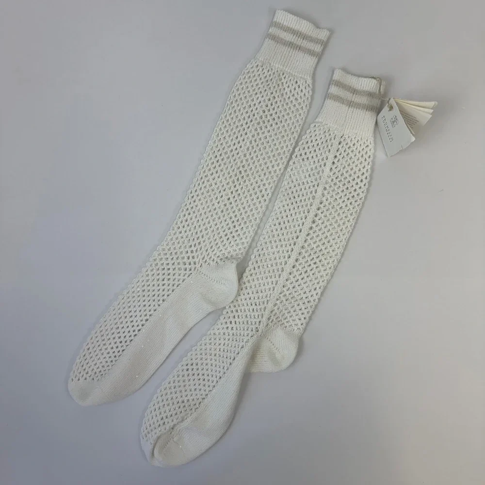 Brunello Cucinelli White Open Knit Sequin Socks MDV797989 Small NWT Made Italy